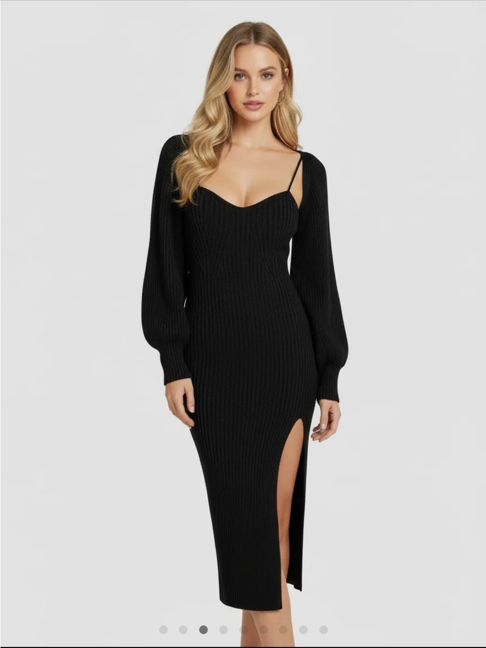 Cider Black Ribbed Knit Midi Dress with Shrug